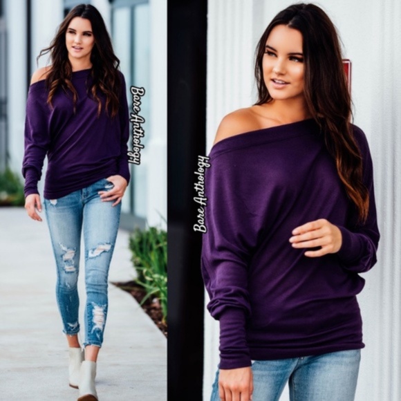 Bellanblue Tops - Purple Solid Off Shoulder Knit Dolman Sleeve Top